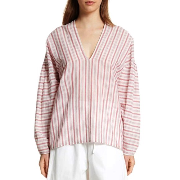 Last Chance! New Vince 100% Cotton Oversized Stripe Blouse Red White Small $225 - Picture 1 of 8